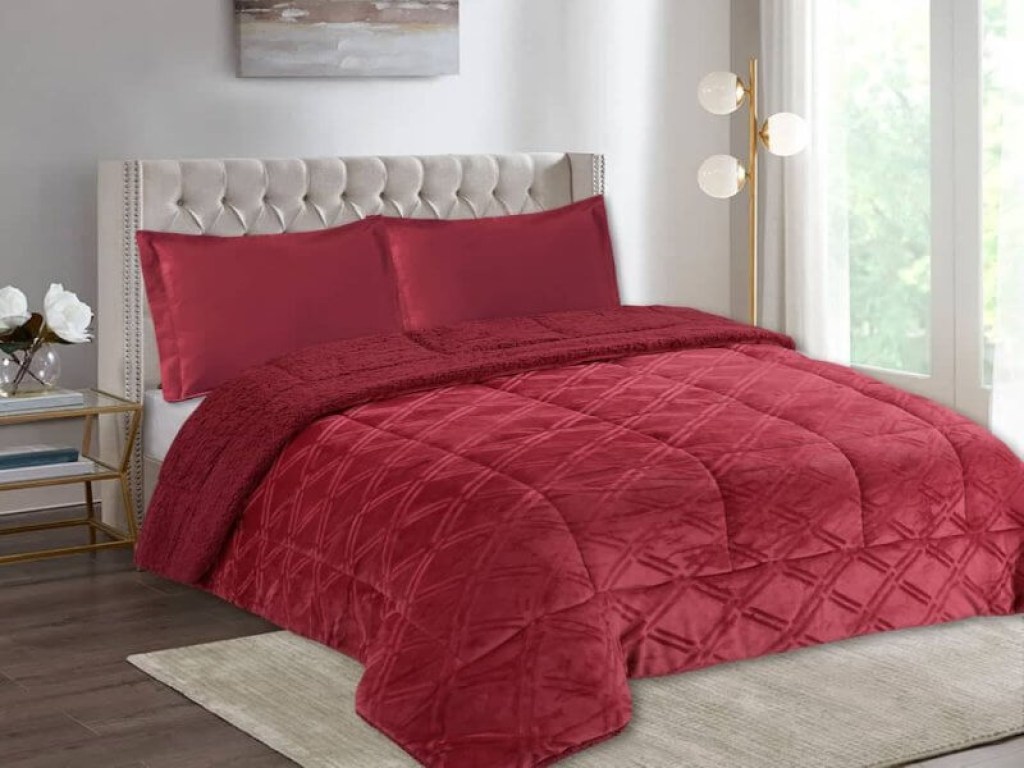 Κουβερτοπάπλωμα Ημίδιπλο Μπορντό Flannel Με Sherpa Γαρύφαλλο | Γαρύφαλλο - Λευκά Είδη